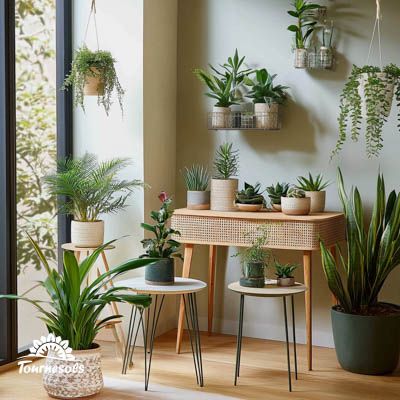 Agencement esthétique de diverses plantes vertes en intérieur pour améliorer l'ambiance et la qualité de l'air